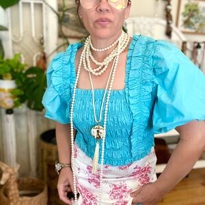 New! The “Martha”  Turquoise Teal Ruched and Ruffled Boho Top